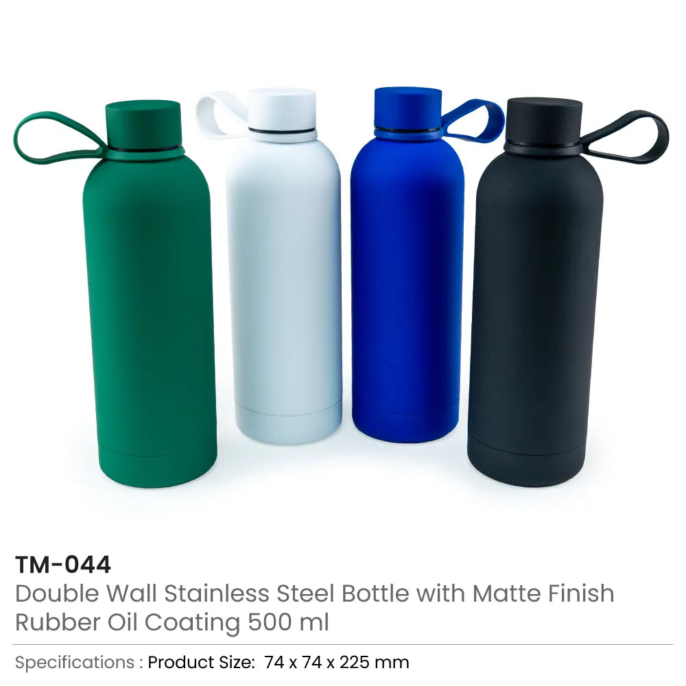 Stainless Steel Water Bottles 500ml – Double Wall, Matte Finish, Soft-Touch Rubber Coating