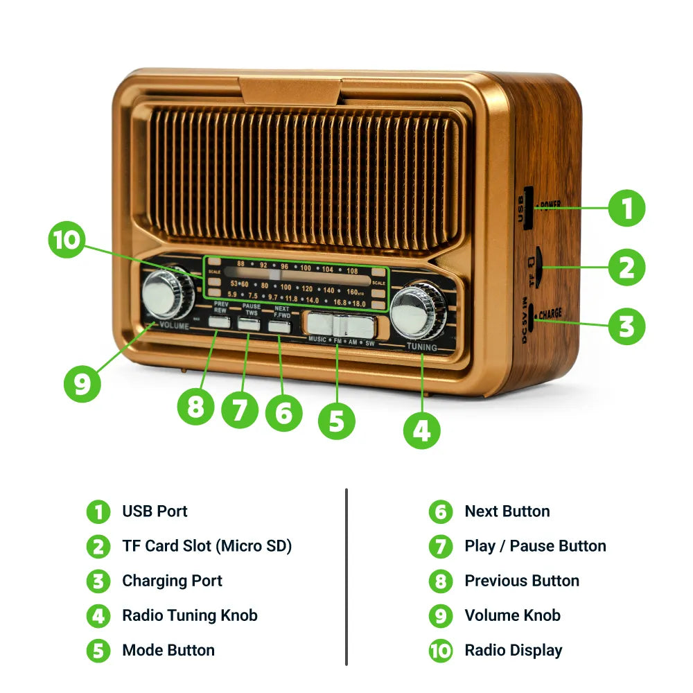 Vintage Design Bluetooth Speaker with Radio and Solar Panel