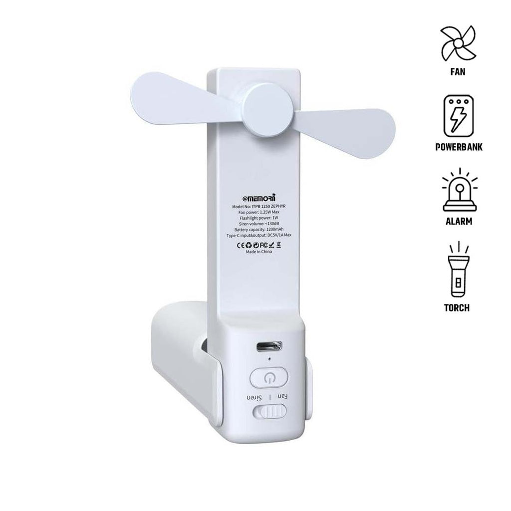 Mmemorii 4-in-1 Fan Powerbank, Safety Alarm & Torch - White