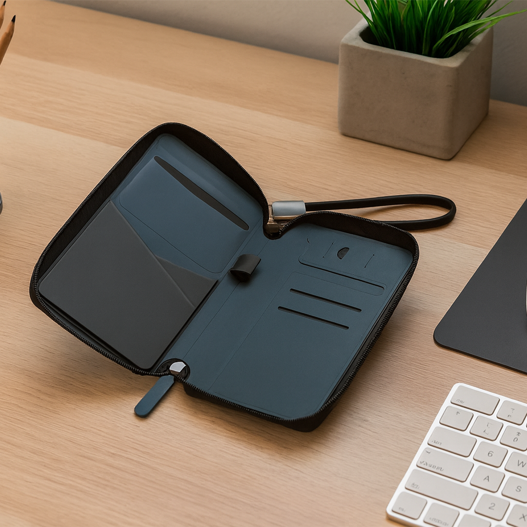 TRAVI WALLET – Sleek PU Leather Travel Case with Integrated Charging Cable for Tech Accessories & On-the-Go Power
