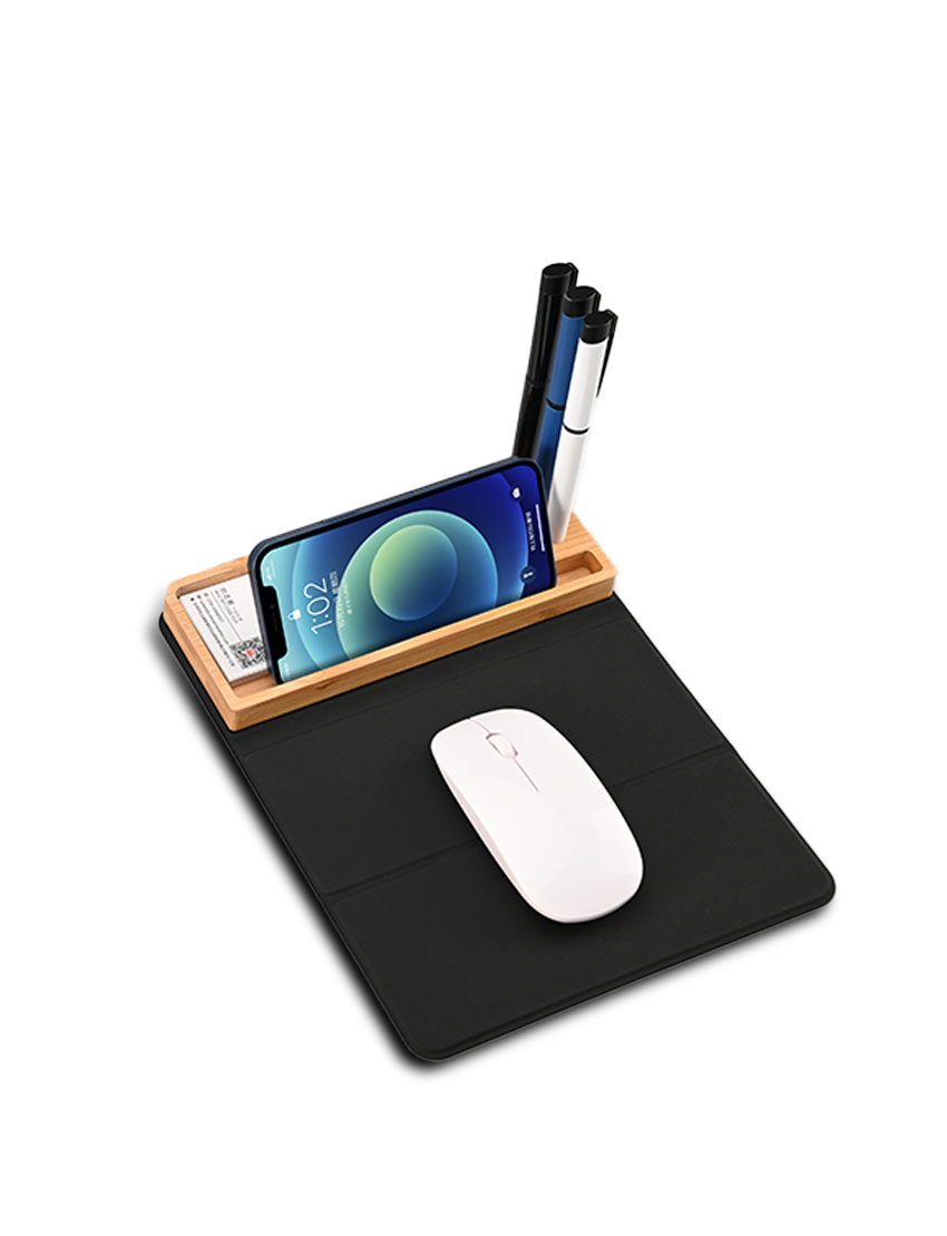 MOUSEPAD ORGANIZER - Foldable RCS PU Mousepad with Bamboo Wireless Charger and Light-Up Feature