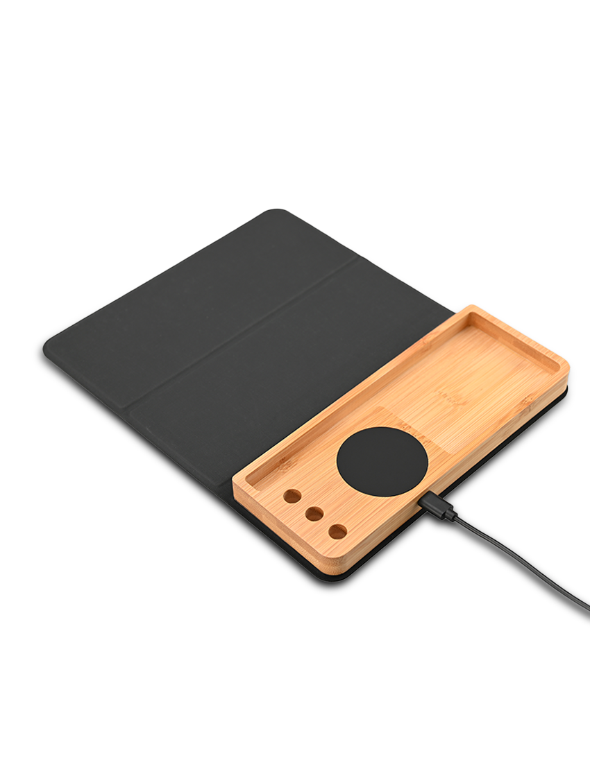 MOUSEPAD ORGANIZER - Foldable RCS PU Mousepad with Bamboo Wireless Charger and Light-Up Feature